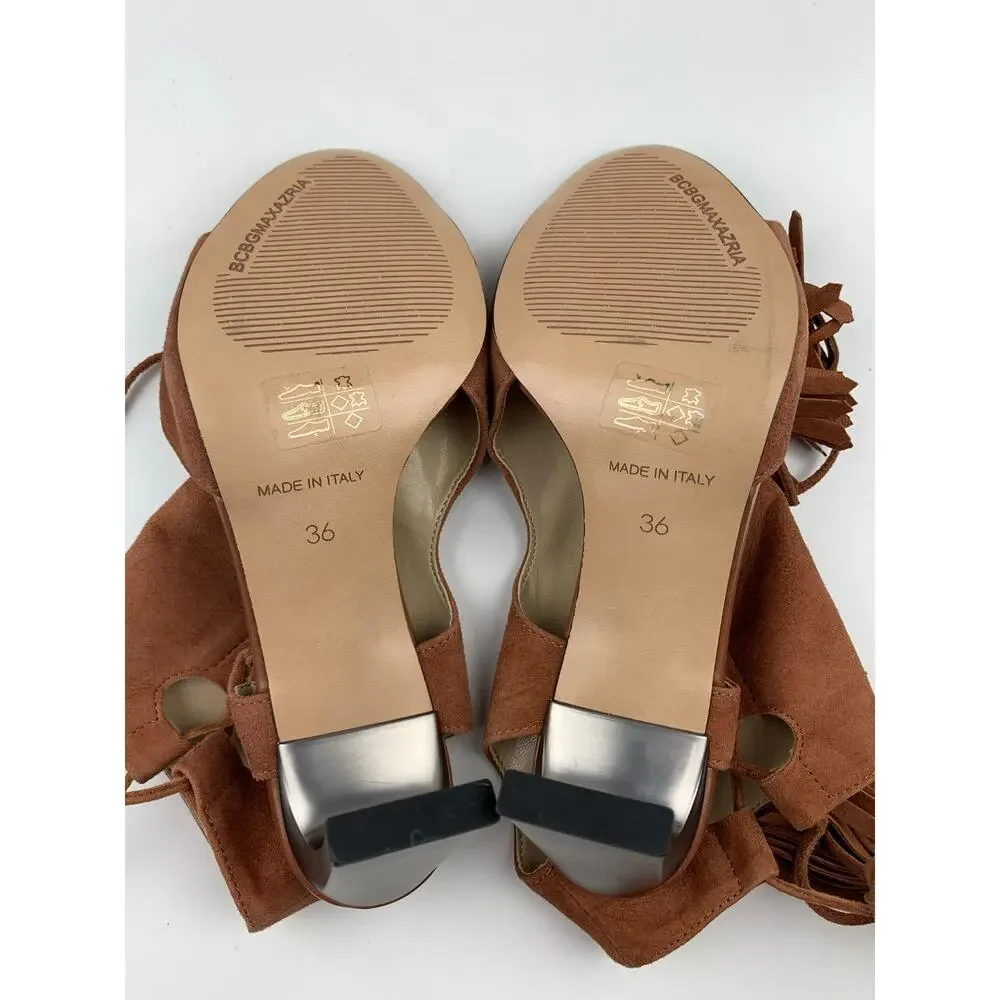 BCBGMaxAzria Brown Suede Heels Booties Open Toe Tassel Lace Up Women's 36 US 6